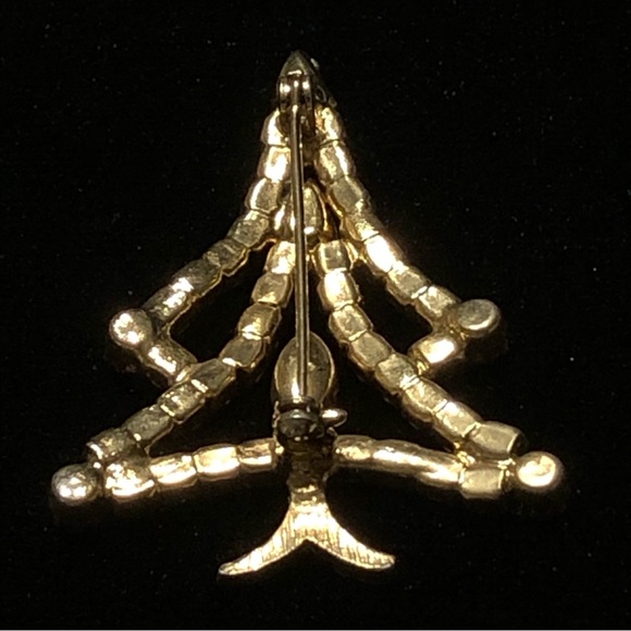 Gold tone Christmas tree brooch with red & green prong set rhinestones - Picture 7 of 8